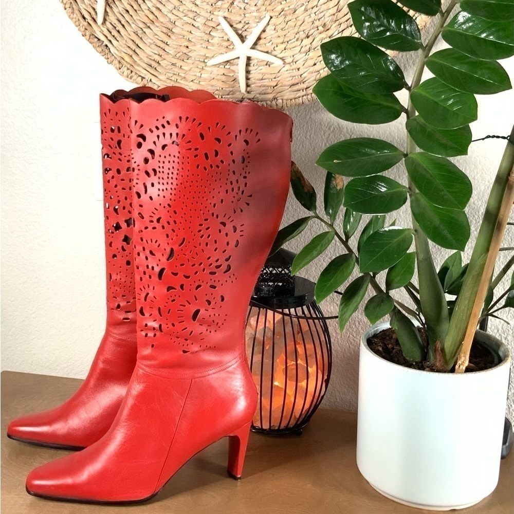 Bellini Celine Red  Leather Women Laser Cut Knee High 3.5"Heel Boots - Picture 7 of 7